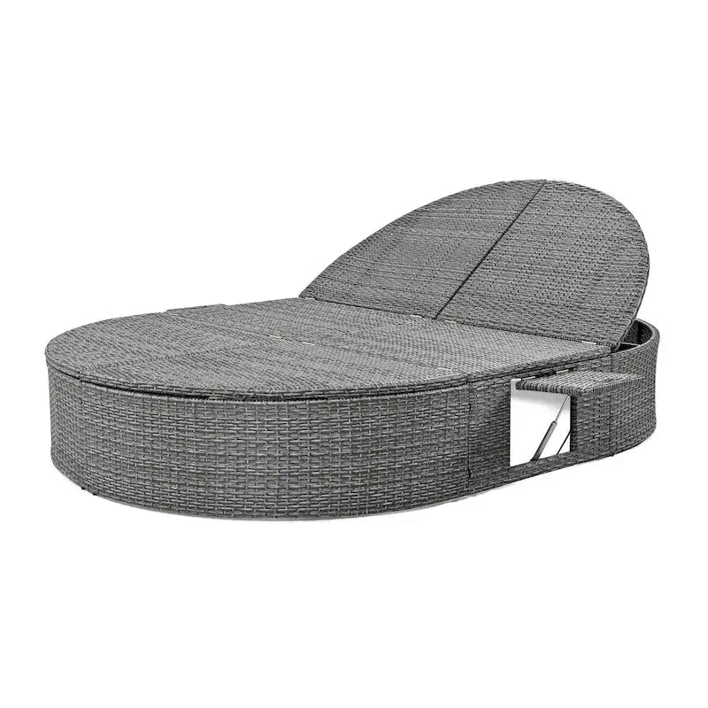 Lit de jour rond en rotin pour patio extérieur avec dossiers réglables et plateaux porte-gobelets pliables