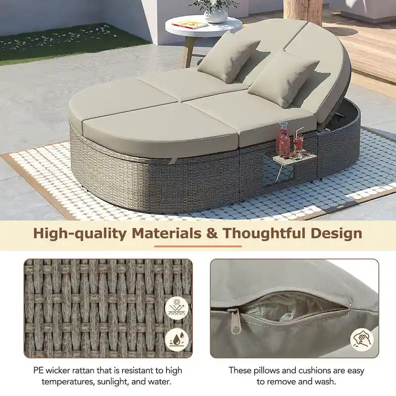Lit de jour rond en rotin pour patio extérieur avec dossiers réglables et plateaux porte-gobelets pliables