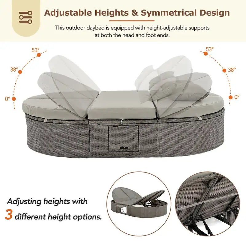 Lit de jour rond en rotin pour patio extérieur avec dossiers réglables et plateaux porte-gobelets pliables