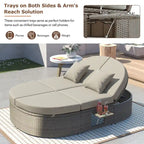 Lit de jour rond en rotin pour patio extérieur avec dossiers réglables et plateaux porte-gobelets pliables