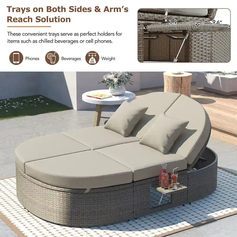 Lit de jour rond en rotin pour patio extérieur avec dossiers réglables et plateaux porte-gobelets pliables