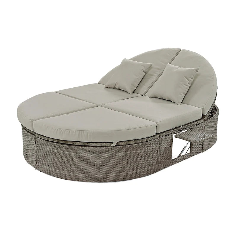 Lit de jour rond en rotin pour patio extérieur avec dossiers réglables et plateaux porte-gobelets pliables