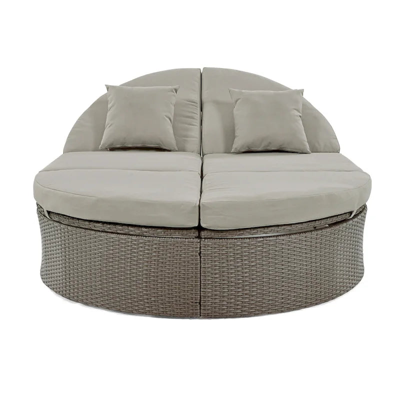 Lit de jour rond en rotin pour patio extérieur avec dossiers réglables et plateaux porte-gobelets pliables