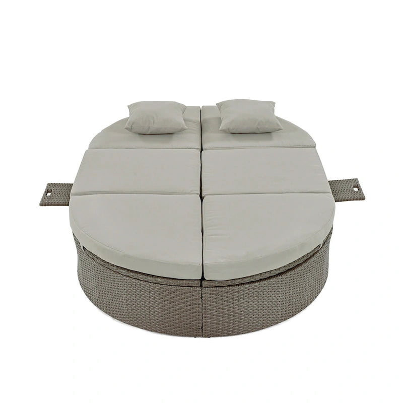 Lit de jour rond en rotin pour patio extérieur avec dossiers réglables et plateaux porte-gobelets pliables
