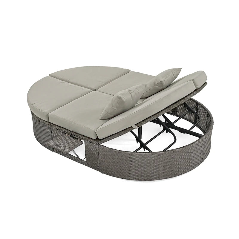 Lit de jour rond en rotin pour patio extérieur avec dossiers réglables et plateaux porte-gobelets pliables