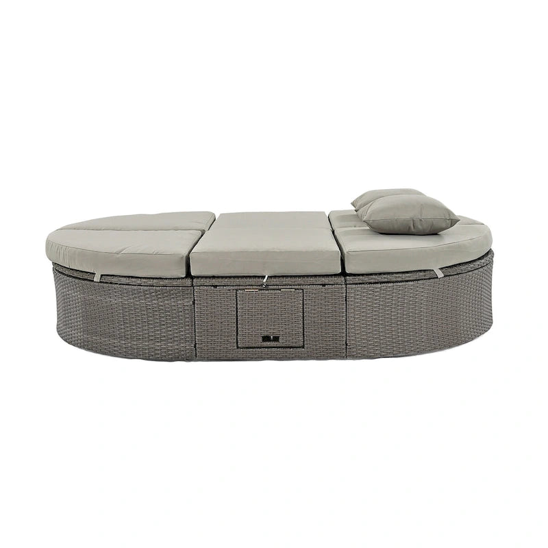 Lit de jour rond en rotin pour patio extérieur avec dossiers réglables et plateaux porte-gobelets pliables