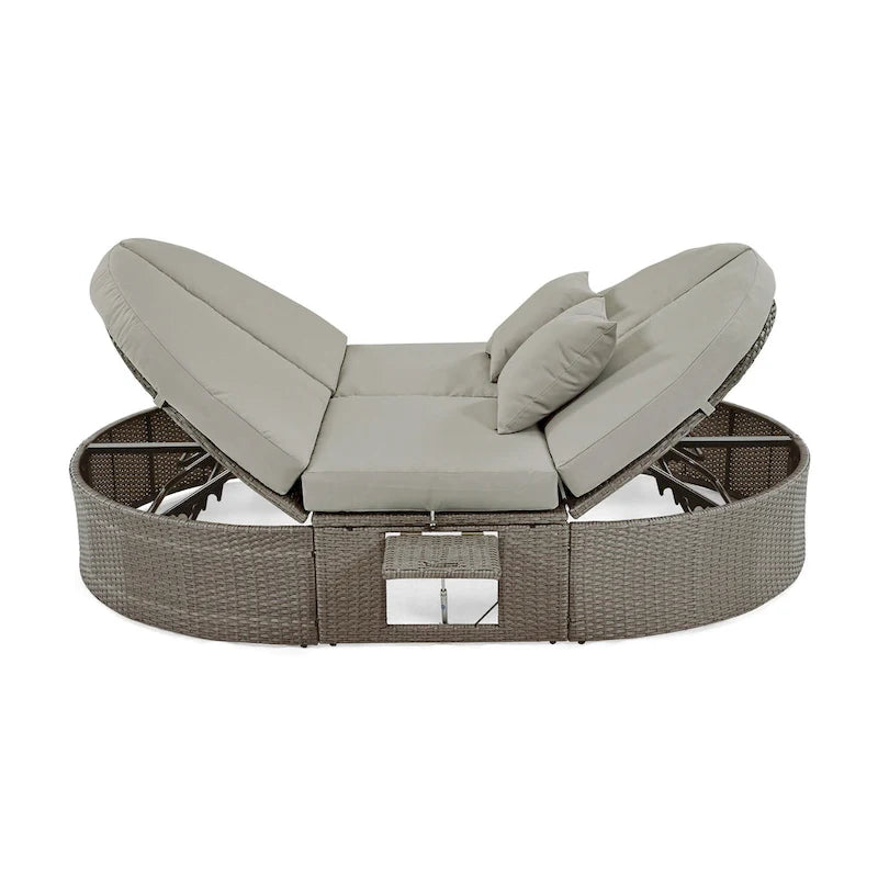 Lit de jour rond en rotin pour patio extérieur avec dossiers réglables et plateaux porte-gobelets pliables