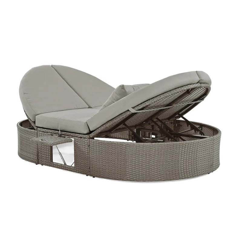 Lit de jour rond en rotin pour patio extérieur avec dossiers réglables et plateaux porte-gobelets pliables