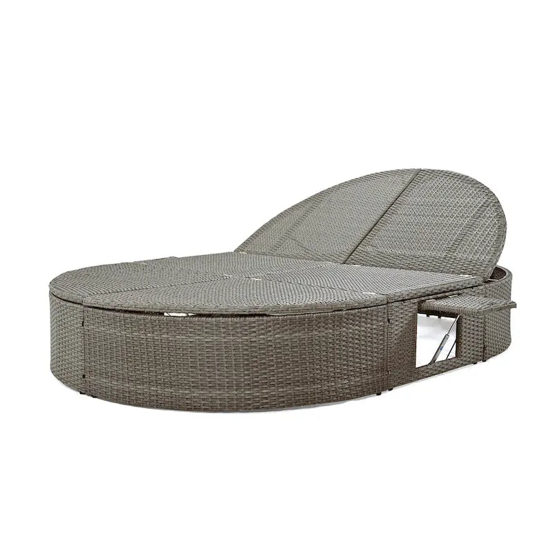 Lit de jour rond en rotin pour patio extérieur avec dossiers réglables et plateaux porte-gobelets pliables