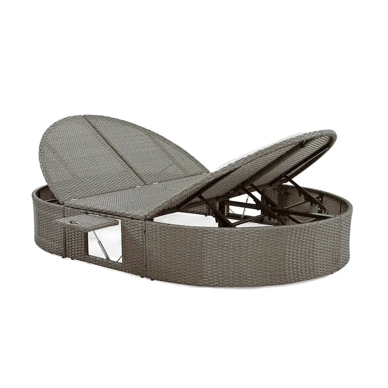 Lit de jour rond en rotin pour patio extérieur avec dossiers réglables et plateaux porte-gobelets pliables