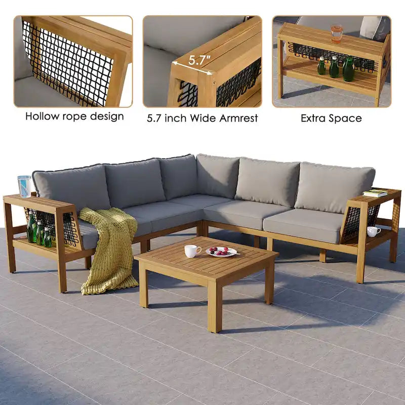 Ensemble de canapé d'extérieur 4 pièces en L avec accoudoirs en maille tressée et table basse