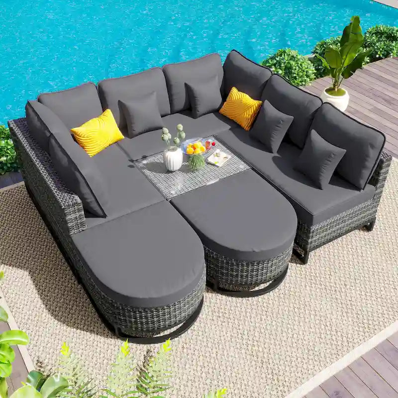 Ensemble de canapé en osier de grande taille 7 pièces avec 2 tables basses et oreillers