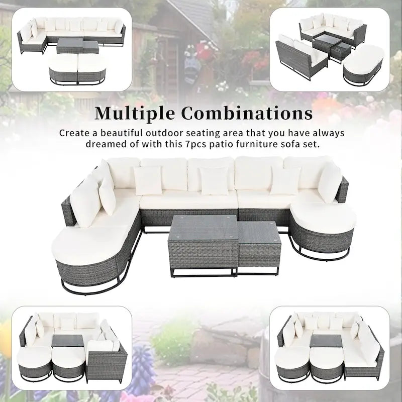 Ensemble de canapé en osier de grande taille 7 pièces avec 2 tables basses et oreillers
