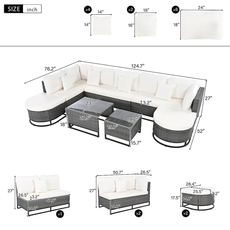 Ensemble de canapé en osier de grande taille 7 pièces avec 2 tables basses et oreillers