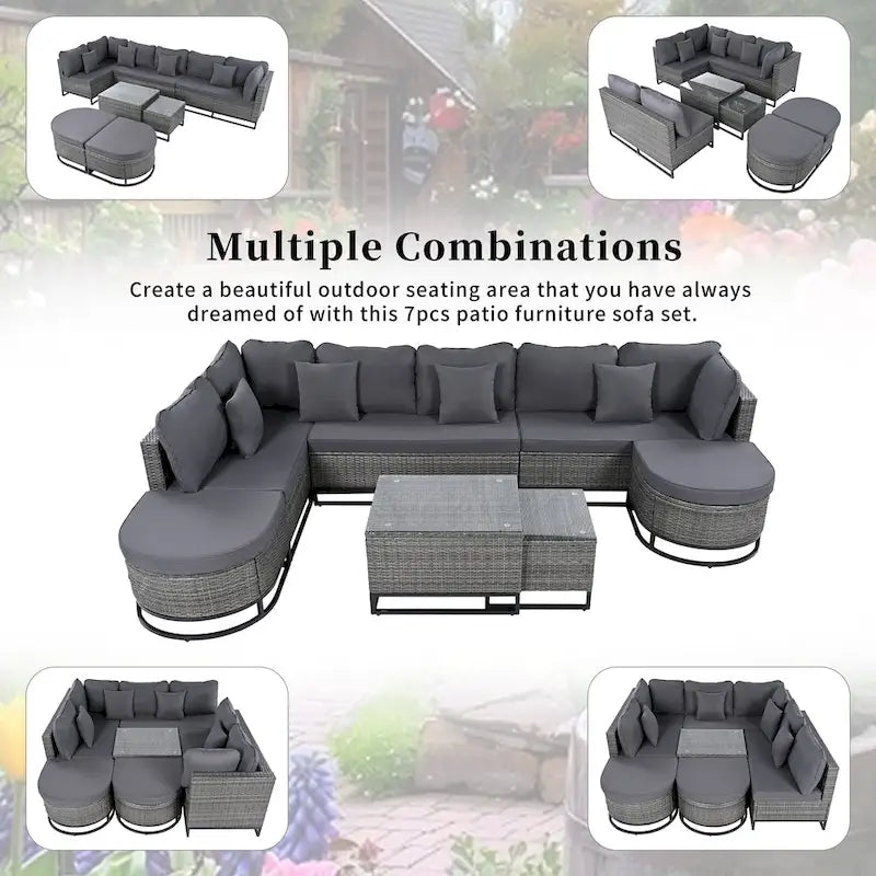 Ensemble de canapé en osier de grande taille 7 pièces avec 2 tables basses et oreillers