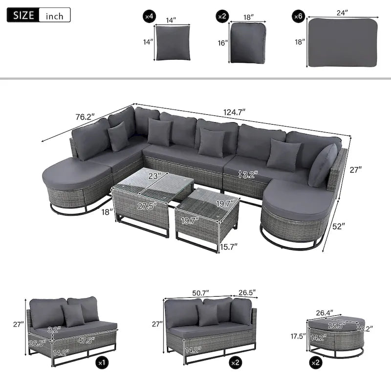 Ensemble de canapé en osier de grande taille 7 pièces avec 2 tables basses et oreillers
