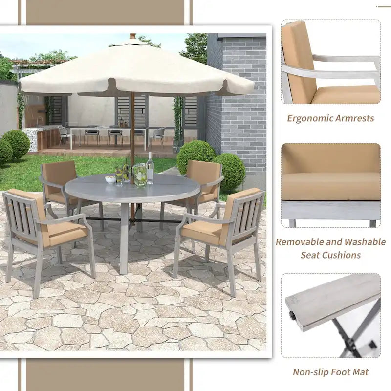 Ensemble de salle à manger d'extérieur en bois pour 4 personnes avec 1 trou pour parasol et coussins amovibles