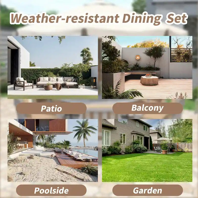 Ensemble de salle à manger d'extérieur en bois pour 4 personnes avec 1 trou pour parasol et coussins amovibles