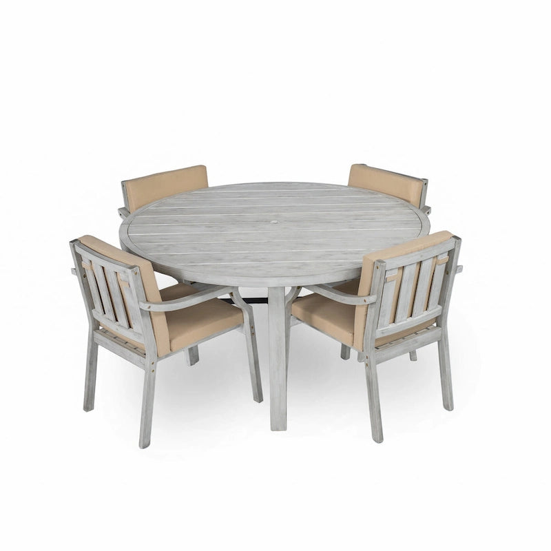 Ensemble de salle à manger d'extérieur en bois pour 4 personnes avec 1 trou pour parasol et coussins amovibles