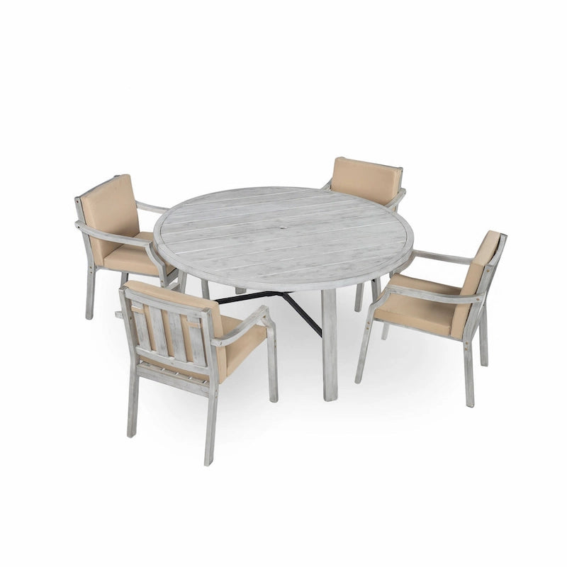 Ensemble de salle à manger d'extérieur en bois pour 4 personnes avec 1 trou pour parasol et coussins amovibles