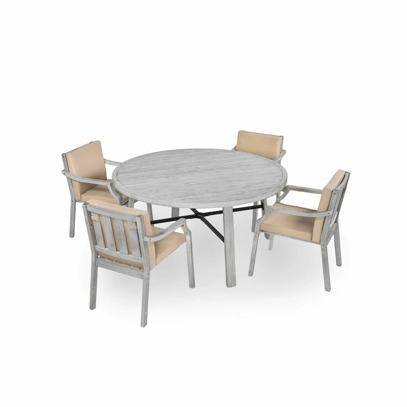 Ensemble de salle à manger d'extérieur en bois pour 4 personnes avec 1 trou pour parasol et coussins amovibles