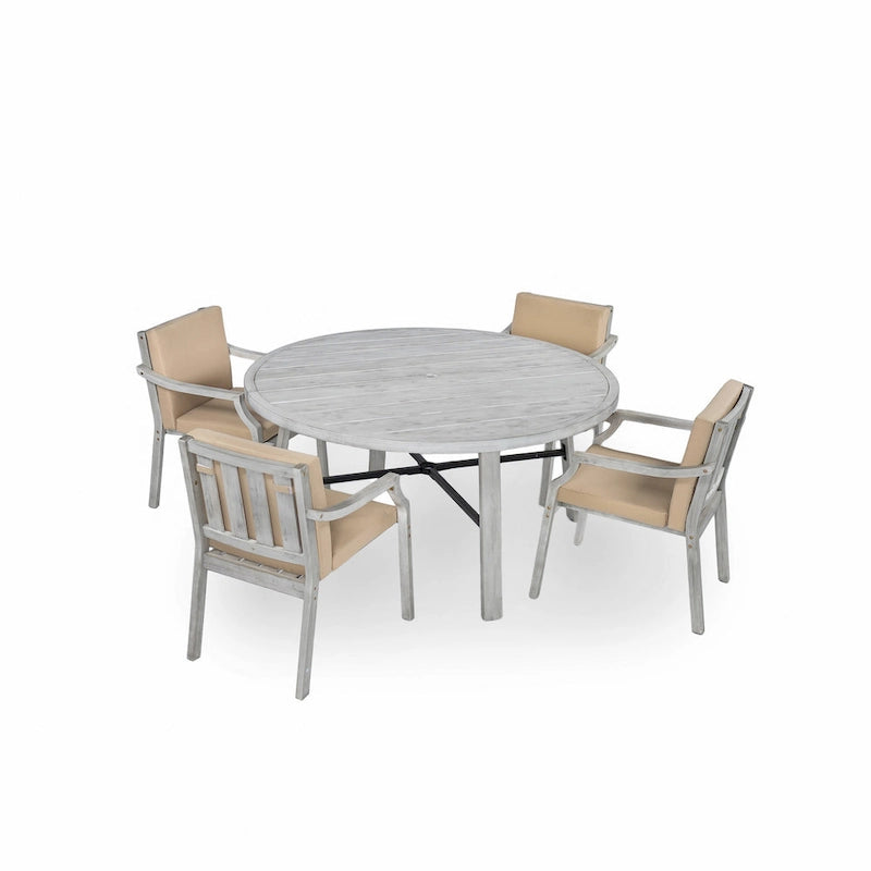Ensemble de salle à manger d'extérieur en bois pour 4 personnes avec 1 trou pour parasol et coussins amovibles