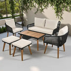 Ensemble de canapé de conversation d'extérieur 6 pièces en corde avec table de bar rafraîchissante en bois d'acacia et 2 tabourets