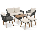 Ensemble de canapé de conversation d'extérieur 6 pièces en corde avec table de bar rafraîchissante en bois d'acacia et 2 tabourets