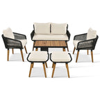 Ensemble de canapé de conversation d'extérieur 6 pièces en corde avec table de bar rafraîchissante en bois d'acacia et 2 tabourets