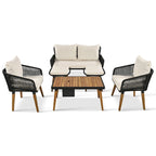 Ensemble de canapé de conversation d'extérieur 6 pièces en corde avec table de bar rafraîchissante en bois d'acacia et 2 tabourets