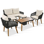 Ensemble de canapé de conversation d'extérieur 6 pièces en corde avec table de bar rafraîchissante en bois d'acacia et 2 tabourets