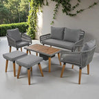 Ensemble de canapé de conversation d'extérieur 6 pièces en corde avec table de bar rafraîchissante en bois d'acacia et 2 tabourets