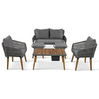 Ensemble de canapé de conversation d'extérieur 6 pièces en corde avec table de bar rafraîchissante en bois d'acacia et 2 tabourets