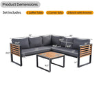 Ensemble de canapé d'angle en fer en L 4 pièces avec coussins et table