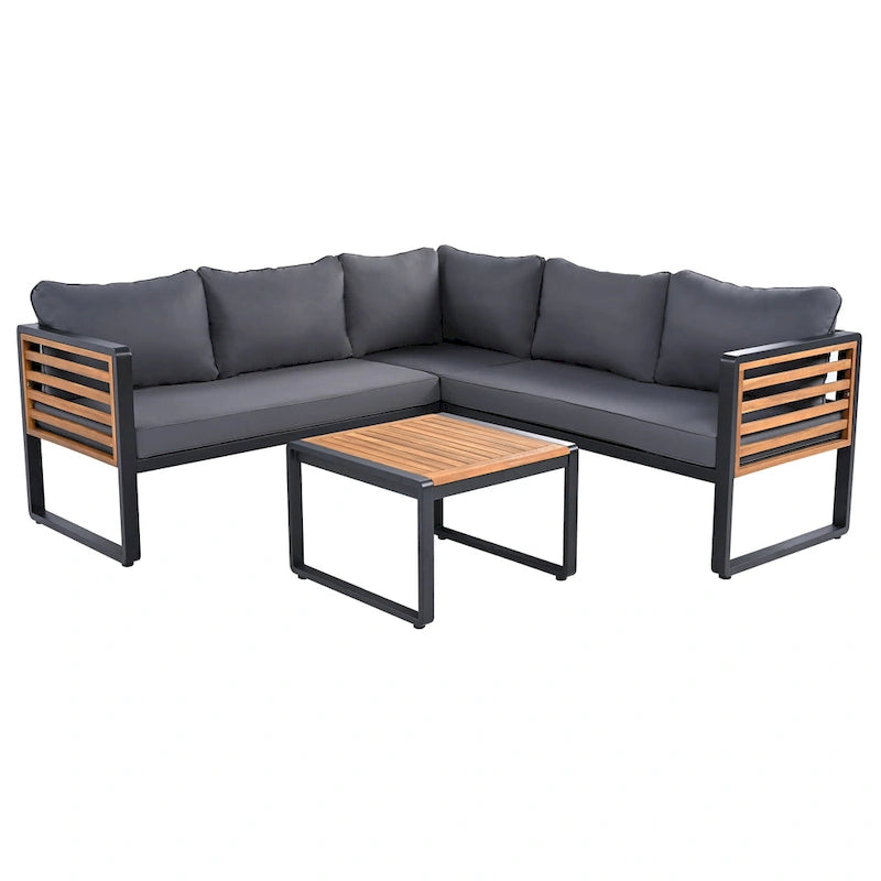 Ensemble de canapé d'angle en fer en L 4 pièces avec coussins et table