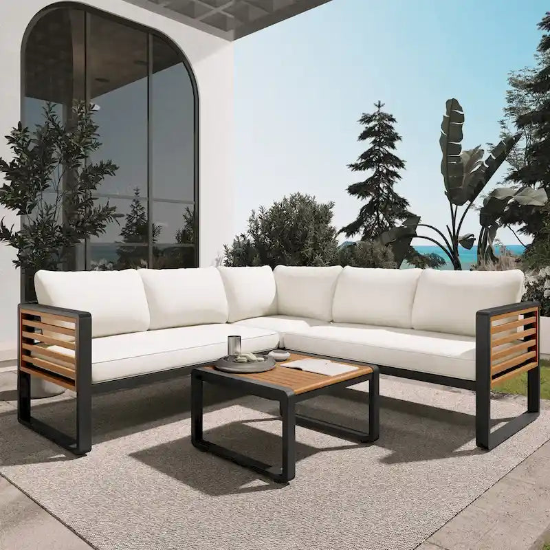 Ensemble de canapé d'angle en fer en L 4 pièces avec coussins et table