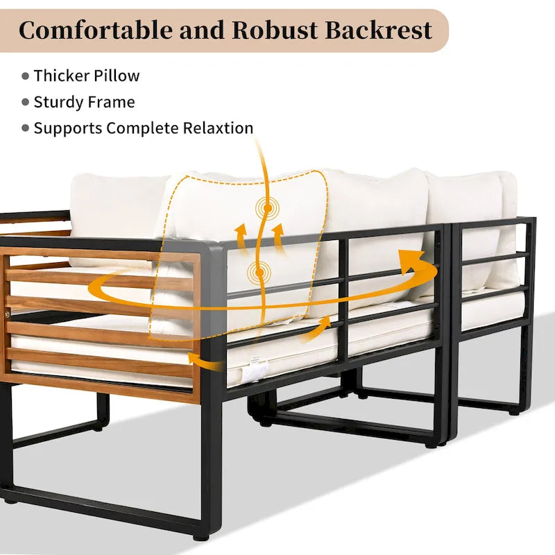 Ensemble de canapé d'angle en fer en L 4 pièces avec coussins et table
