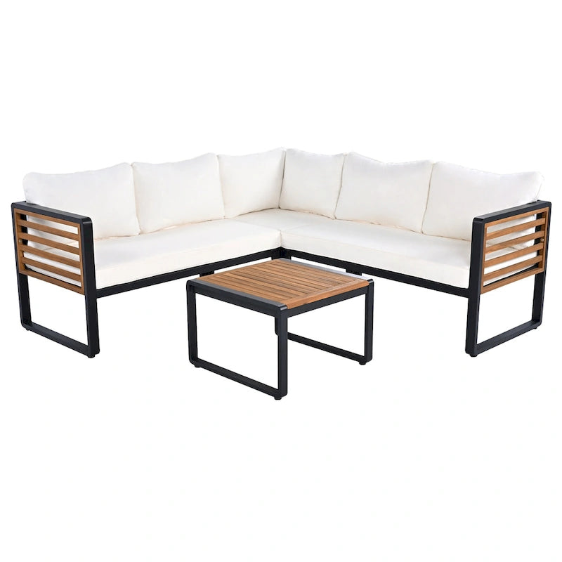 Ensemble de canapé d'angle en fer en L 4 pièces avec coussins et table