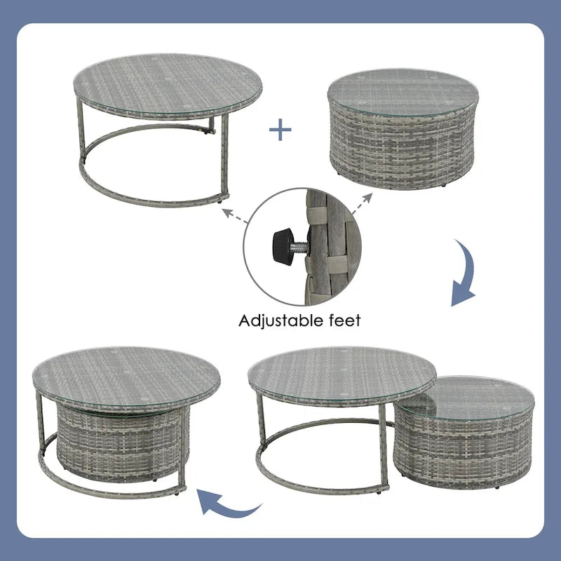Ensemble de patio demi-lune 9 pièces avec table gigogne et fauteuils