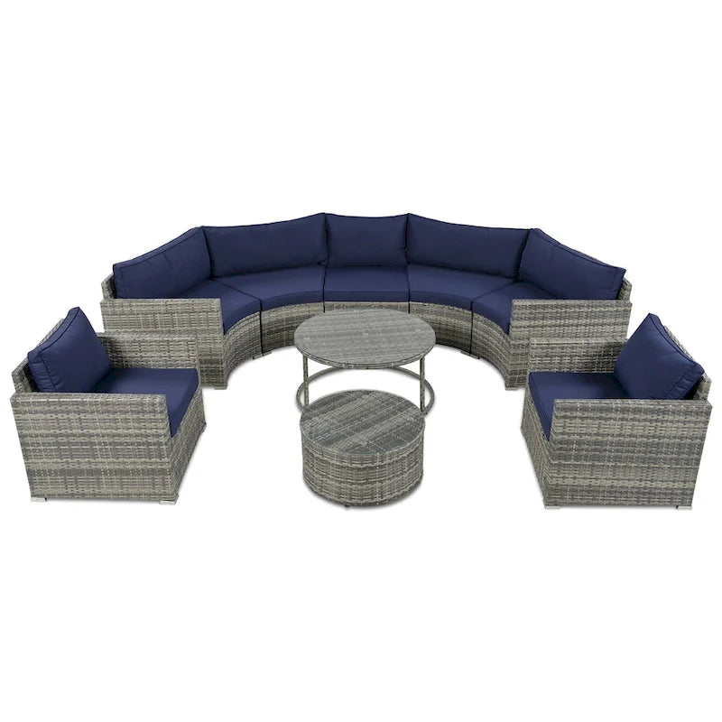 Ensemble de patio demi-lune 9 pièces avec table gigogne et fauteuils