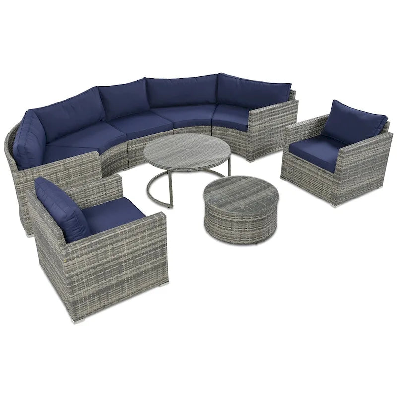 Ensemble de patio demi-lune 9 pièces avec table gigogne et fauteuils