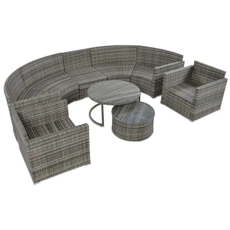 Ensemble de patio demi-lune 9 pièces avec table gigogne et fauteuils
