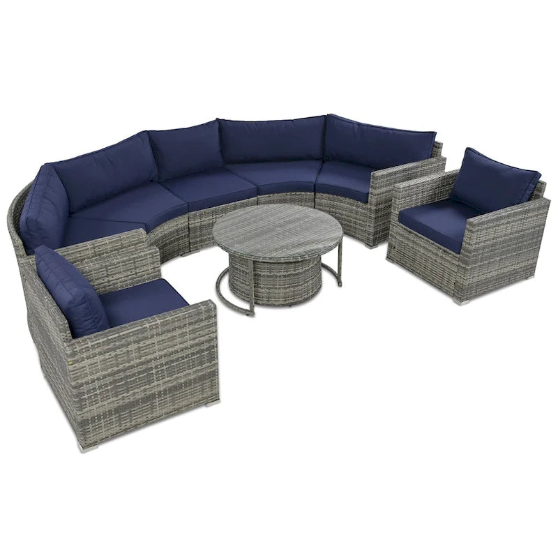 Ensemble de patio demi-lune 9 pièces avec table gigogne et fauteuils