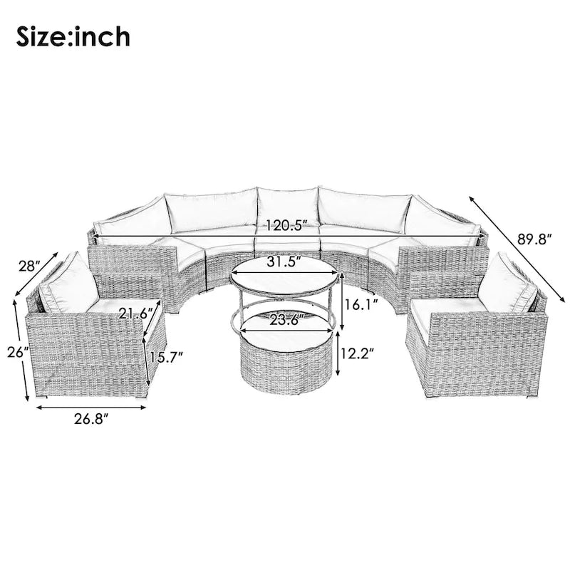 Ensemble de patio demi-lune 9 pièces avec table gigogne et fauteuils