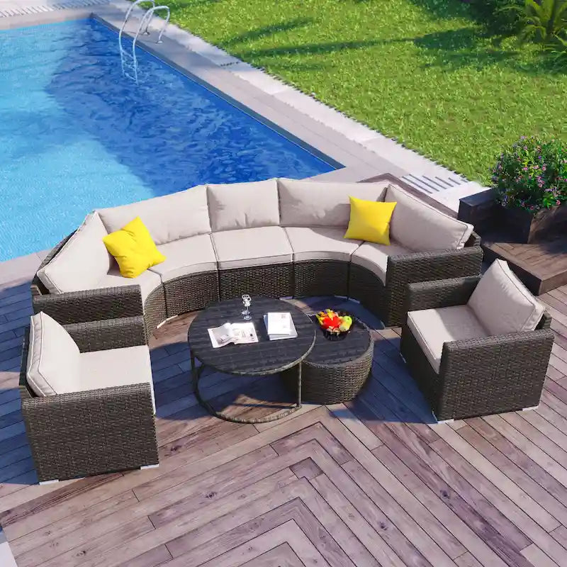 Ensemble de patio demi-lune 9 pièces avec table gigogne et fauteuils