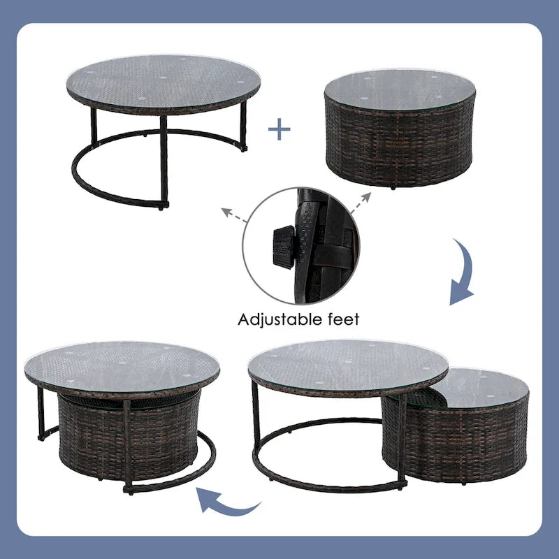 Ensemble de patio demi-lune 9 pièces avec table gigogne et fauteuils