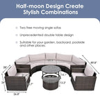 Ensemble de patio demi-lune 9 pièces avec table gigogne et fauteuils