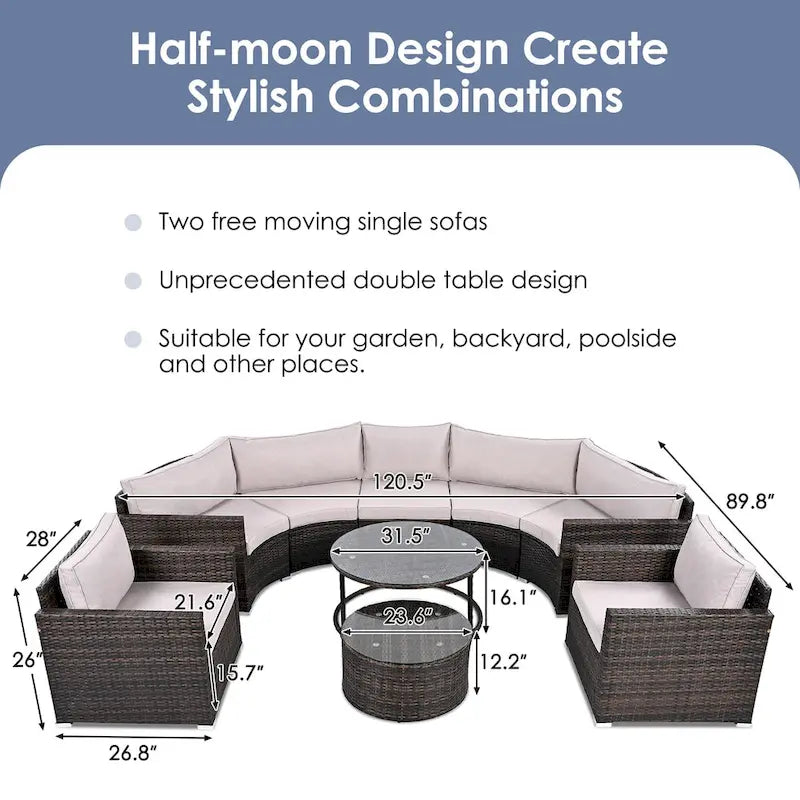Ensemble de patio demi-lune 9 pièces avec table gigogne et fauteuils