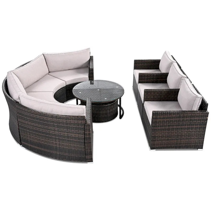 Ensemble de patio demi-lune 9 pièces avec table gigogne et fauteuils