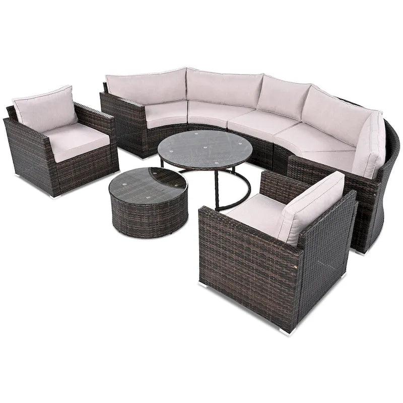 Ensemble de patio demi-lune 9 pièces avec table gigogne et fauteuils